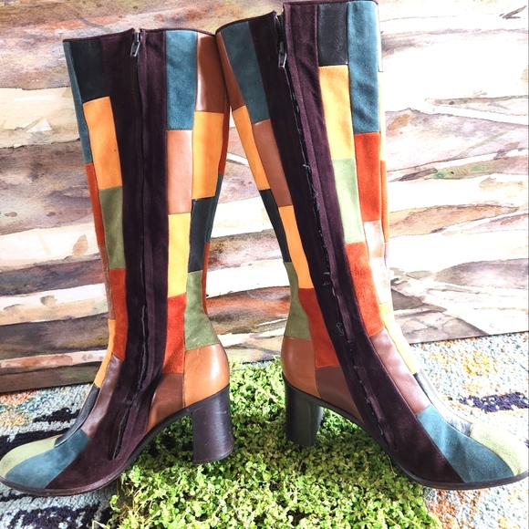 ANNA SUI RARE Patchwork  Leather Olive Brown Rust Teal Zip Heels Boots 40 - Picture 5 of 16